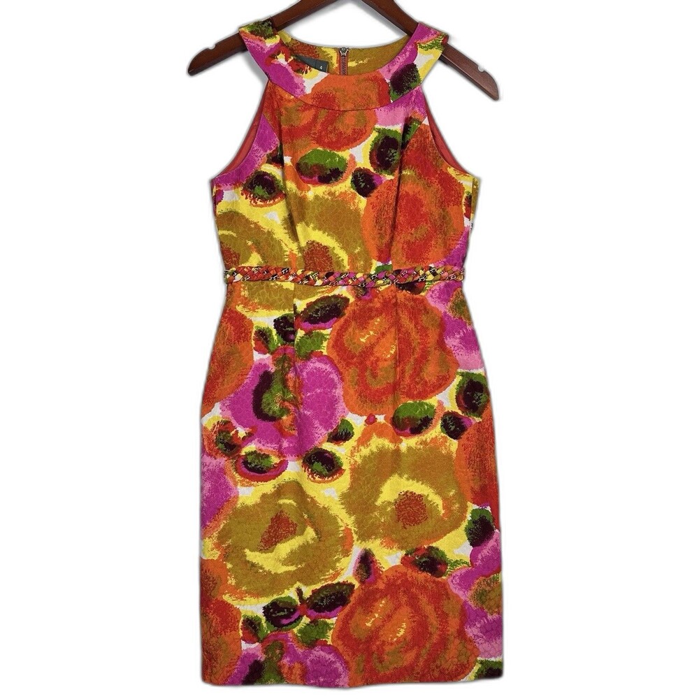 Muse Floral Sheath Dress Women 4 Zip Sleeveless Vibrant Bright Abstract Pink Red